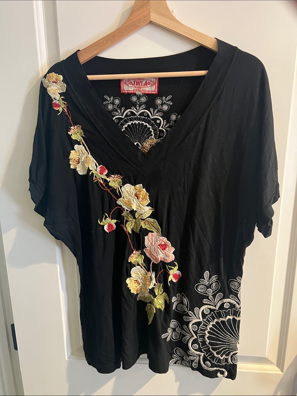 Johnny Was Black Short-Sleeve V-Neck Top with Cream & Pink Floral Embroidery